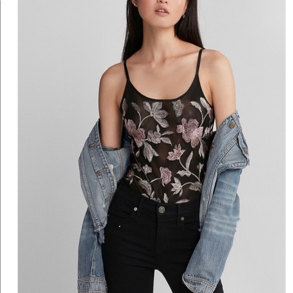 Express floral embroidered sheer thong body suit - Picture 2 of 3